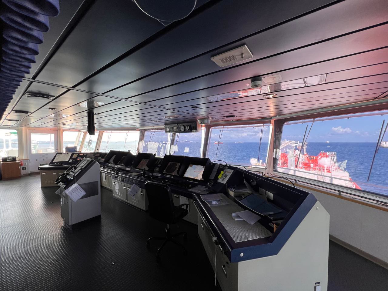 Navigation bridge of a merchant ship at sea