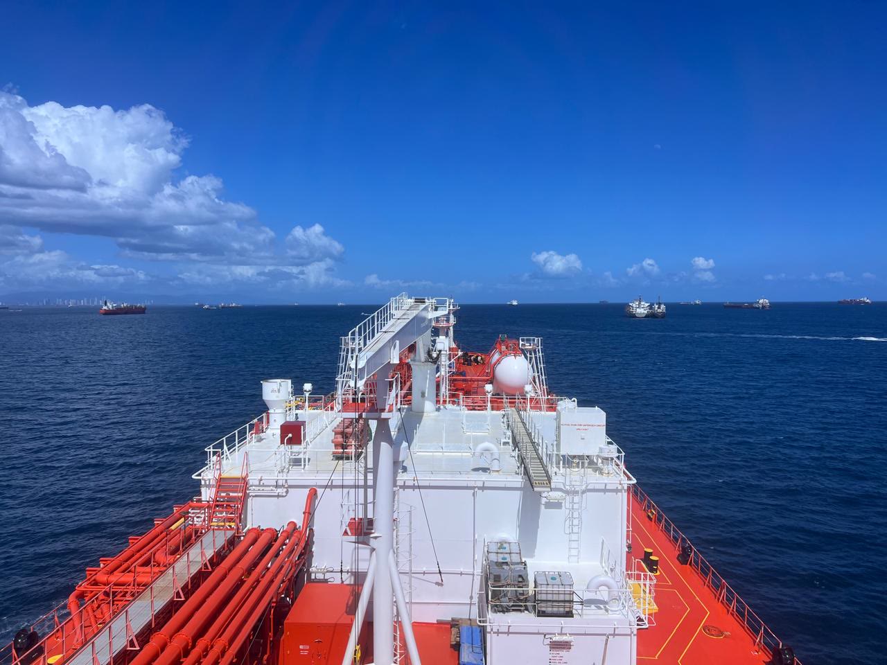 A gas tanker under way at sea