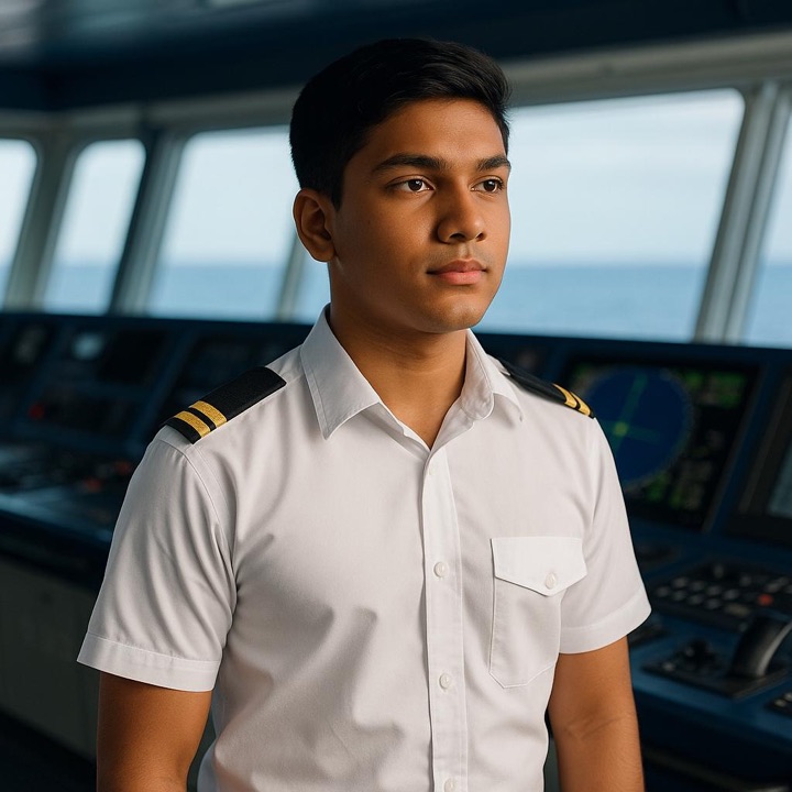 Illustration: a young man deck officer on the bridge of a ship
