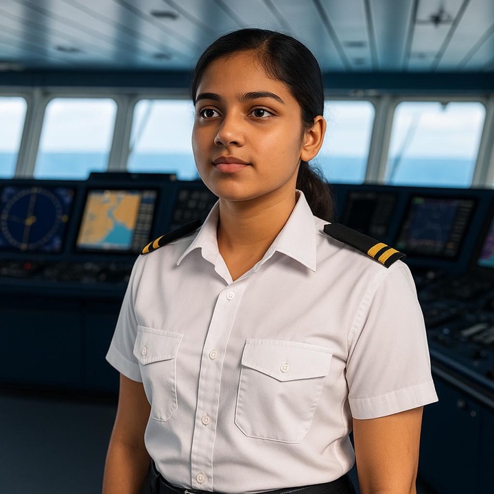 Illustration: a young woman deck officer on the bridge of a ship