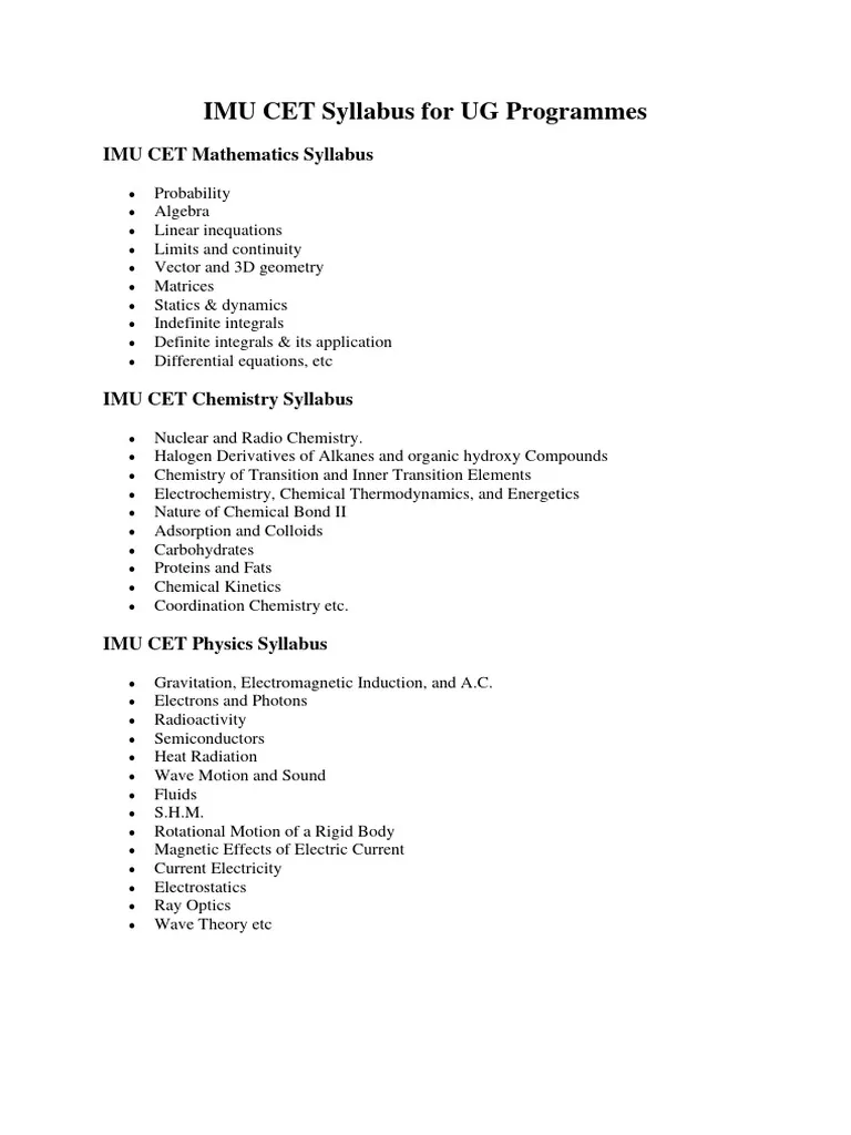 imu cet 2026 syllabus